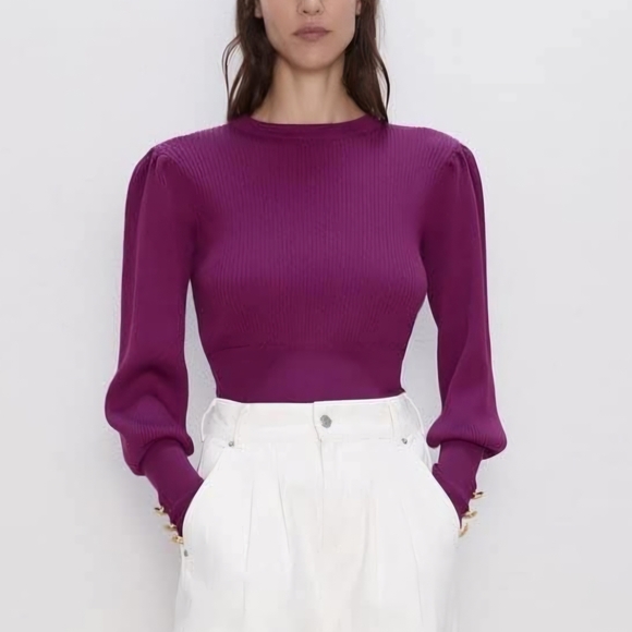 Zara Sweaters - Zara Purple Puff-Sleeve Ribbed Knit Sweater Size S Minimalist Feminine Retro 80s
